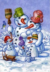Zimn.pohľadnica č.1 Rodina snehuliakov